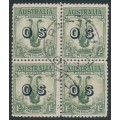 AUSTRALIA - 1932 1/- yellow-green Lyrebird, o/p OS, block of 4, used – SG # O136