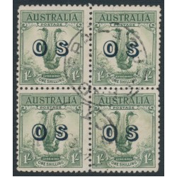 AUSTRALIA - 1932 1/- yellow-green Lyrebird, o/p OS, block of 4, used – SG # O136