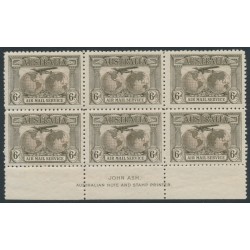AUSTRALIA - 1931 6d brown Airmail, imprint block of 6, MNH – ACSC # 144Azd
