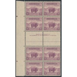 AUSTRALIA - 1946 5d purple Merino, By Authority imprint block of 8, MNH – ACSC # 201ba
