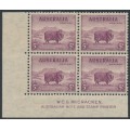 AUSTRALIA - 1938 5d purple Merino, McCracken imprint block of 4, MH – ACSC # 200za