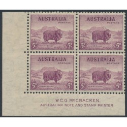 AUSTRALIA - 1938 5d purple Merino, McCracken imprint block of 4, MH – ACSC # 200za
