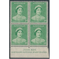 AUSTRALIA - 1938 1d green Queen, imprint block of 4, MH – ACSC # 182Azq