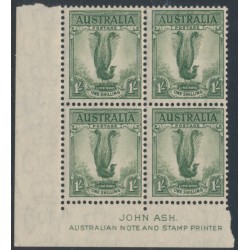 AUSTRALIA - 1941 1/- green Lyrebird, Ash imprint block of 4, MNH – ACSC # 209zd