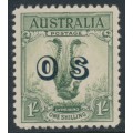 AUSTRALIA - 1932 1/- yellow-green Lyrebird overprinted OS, MH – SG # O136