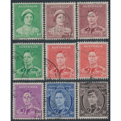 AUSTRALIA - 1938 1d to 3d KGVI definitives set of 8, perf. 15:14, used – SG # 180-187