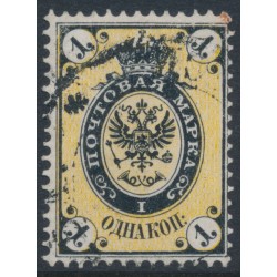 RUSSIA - 1865 1Kop black/yellow Coat of Arms, perf. 14½:15, thick paper, used – Michel # 12z