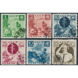 RUSSIA / USSR - 1936 Pioneer Organisation set of 6, perf. 14, used – Michel # 542C-547C