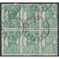 RUSSIA / USSR - 1937 20K green Peasant, perf. 12:12½, no watermark, block of 6, used – Michel # 680IA
