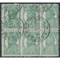 RUSSIA / USSR - 1937 20K green Peasant, perf. 12:12½, no watermark, block of 6, used – Michel # 680IA