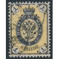 RUSSIA - 1868 1Kop black/yellow Arms, perf. 14½:15, vertically ribbed paper, used – Michel # 18y