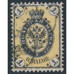 RUSSIA - 1868 1Kop black/yellow Arms, perf. 14½:15, vertically ribbed paper, used – Michel # 18y