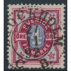 SWEDEN - 1892 4öre deep dull carmine/ultramarine-blue Numeral, used – Facit # 64a