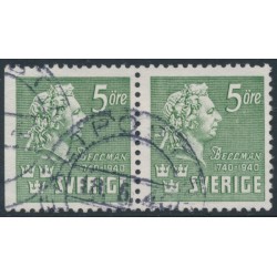 SWEDEN - 1940 5öre green Bellman, perf. 3-sides + 4-sides pair, used – Facit # 324BC