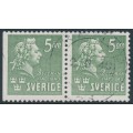 SWEDEN - 1940 5öre green Bellman, perf. 3-sides + 4-sides pair, used – Facit # 324BC