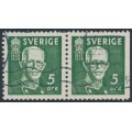 SWEDEN - 1938 5öre green King Gustav V, perf. 4-sides + 3-sides pair, used – Facit # 266CB