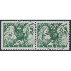 SWEDEN - 1938 5öre green New Sweden, Delaware, perf. 3-sides + 4-sides pair, used – Facit # 261BC
