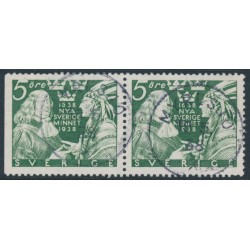 SWEDEN - 1938 5öre green New Sweden, Delaware, perf. 3-sides + 4-sides pair, used – Facit # 261BC