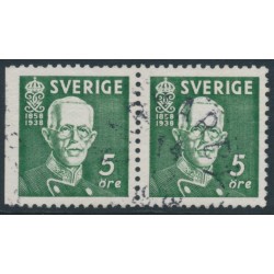 SWEDEN - 1938 5öre green King Gustav V, perf. 3-sides + 4-sides pair, used – Facit # 266BC