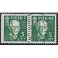 SWEDEN - 1938 5öre green King Gustav V, perf. 3-sides + 4-sides pair, used – Facit # 266BC