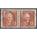 SWEDEN - 1938 15öre brown King Gustav V, perf. 4-sides + 3-sides pair, used – Facit # 267CB