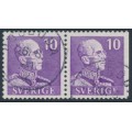 SWEDEN - 1939 10öre purple King Gustav V, perf. 4-sides + 3-sides pair, used – Facit # 269CB