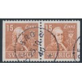 SWEDEN - 1939 15öre brown Linné, perf. 3-sides + 3-sides pair, used – Facit # 321BB