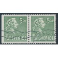 SWEDEN - 1940 5öre green Bellman, perf. 3-sides + 4-sides pair, used – Facit # 324BC