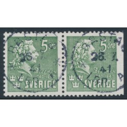 SWEDEN - 1940 5öre green Bellman, perf. 4-sides + 3-sides pair, used – Facit # 324CB