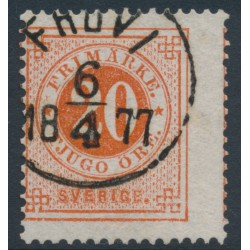 SWEDEN - 1872 20öre orange-red Ring Type, perf. 14, misplaced perforations, used – Facit # 22h