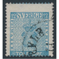 SWEDEN - 1858 12öre greenish blue Coat of Arms, misplaced perforations, used – Facit # 9m