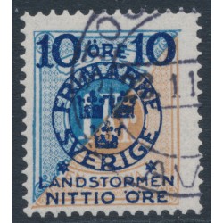 SWEDEN - 1916 10+NITTIO öre on 1Kr blue/brown Postage Due Landstorm II overprint, used – Facit # 124