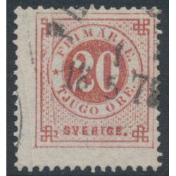 SWEDEN - 1877 20öre red Ring Type, perf. 13, pre-printing folds (dragspel), used – Facit # 33a v10