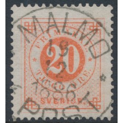 SWEDEN - 1886 20öre dull orange-red Ring Type, perf. 13 with posthorn, used – Facit # 46a