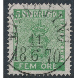 SWEDEN - 1858 5öre green Coat of Arms, used – Facit # 7b2