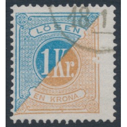 SWEDEN - 1877 1Kr blue/brown Postage Due (Lösen), perf. 13, 'broken frame' variety, used – Facit # L20v3