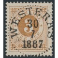 SWEDEN - 1877 3öre orange-brown Ring Type, perf. 13, used – Facit # 28h
