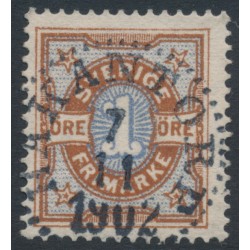 SWEDEN - 1892 1öre orange-brown/ultramarine-blue Numeral, used – Facit # 61b