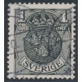 SWEDEN - 1912 1öre black Arms, inverted lines + KPV watermark, used – Facit # 71cxz