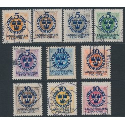 SWEDEN - 1916 2öre to 50öre Landstorm I set of 10, KPV watermark, used – Facit # 105cz-114cz