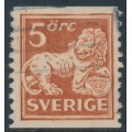 SWEDEN - 1921 5öre brown Lion, type II, perf. 2-sides, inverted lines watermark, used – Facit # 142Acc