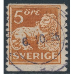 SWEDEN - 1921 5öre brown Lion, type II, perf. 2-sides, inverted lines watermark, used – Facit # 142Acc