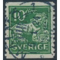 SWEDEN - 1921 10öre green Lion, perf. 2-sides, inverted lines watermark, used – Facit # 144Acc