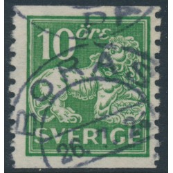 SWEDEN - 1921 10öre green Lion, perf. 2-sides, inverted lines watermark, used – Facit # 144Acc