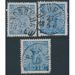 SWEDEN - 1858 12öre light blue Coat of Arms, used – Facit # 9d¹+9d²+9d³