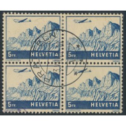 SWITZERLAND - 1941 5Fr dark blue on buff Airmail, block of 4, used – Michel # 394