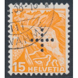 SWITZERLAND - 1937 15c orange Landscape, grilled paper, official cross perfin., used – Michel # D22z