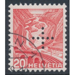 SWITZERLAND - 1937 20c red Landscape, grilled paper, official cross perfin., used – Michel # D23z