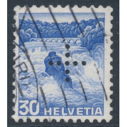 SWITZERLAND - 1937 30c ultramarine Landscape, grilled paper, official cross perfin., used – Michel # D25z