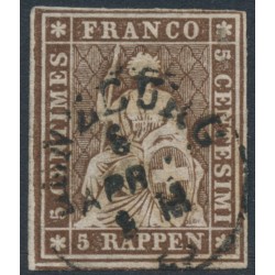 SWITZERLAND - 1857 5Rp brown Helvetia (green thread, late Bern), used – Zumstein # 22G